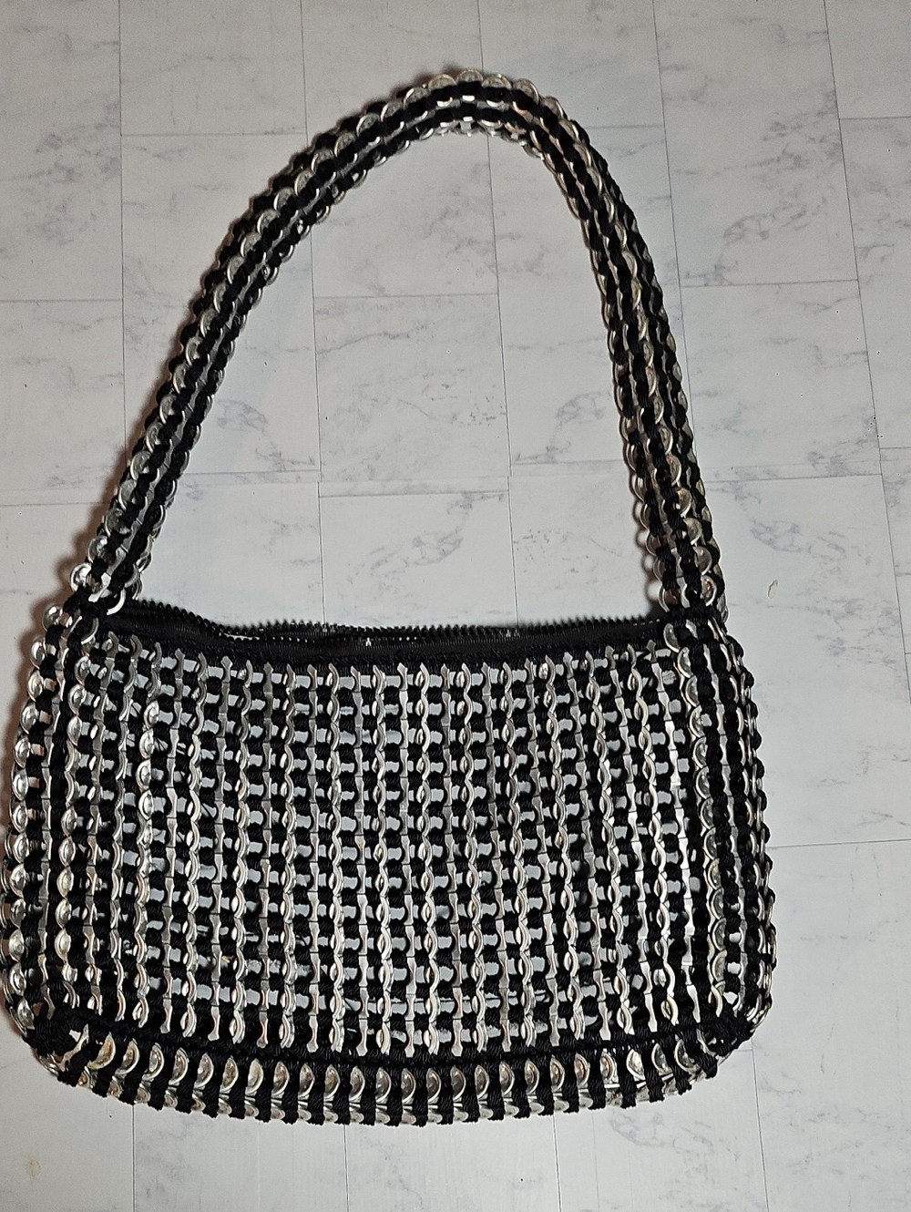 Black Shoulder Bag with Silver Chain Weave